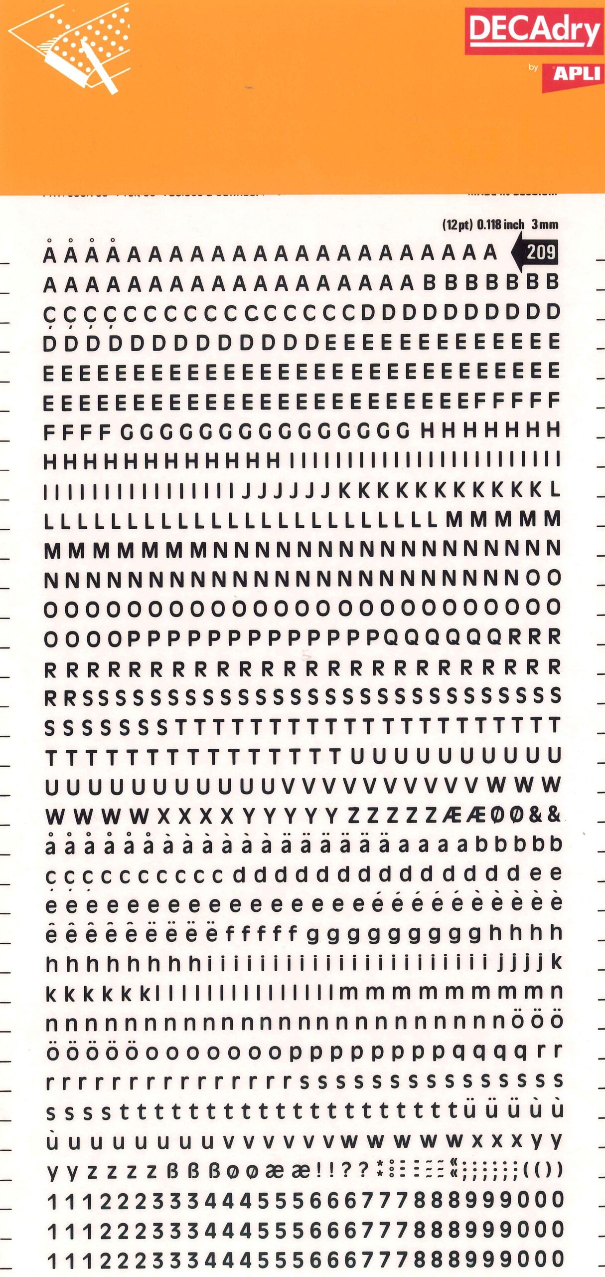 Apli Letras y Numeros Transferibles Super 3mm 997 Caracteres - Negros Brillantes