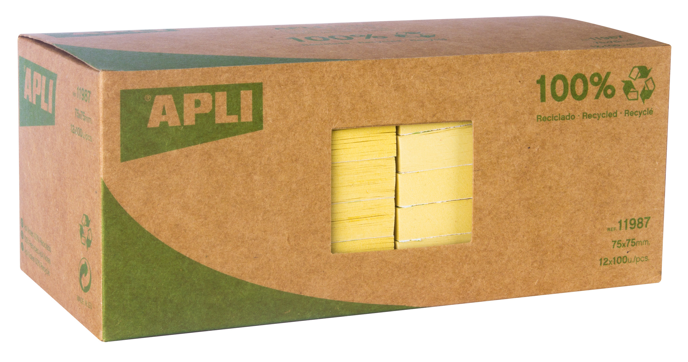 Apli Notas Adhesivas Recicladas Classic 75x75 - 12 Blocs de 100 Hojas - Adhesivo de Calidad - Papel Reciclado - Amarillo