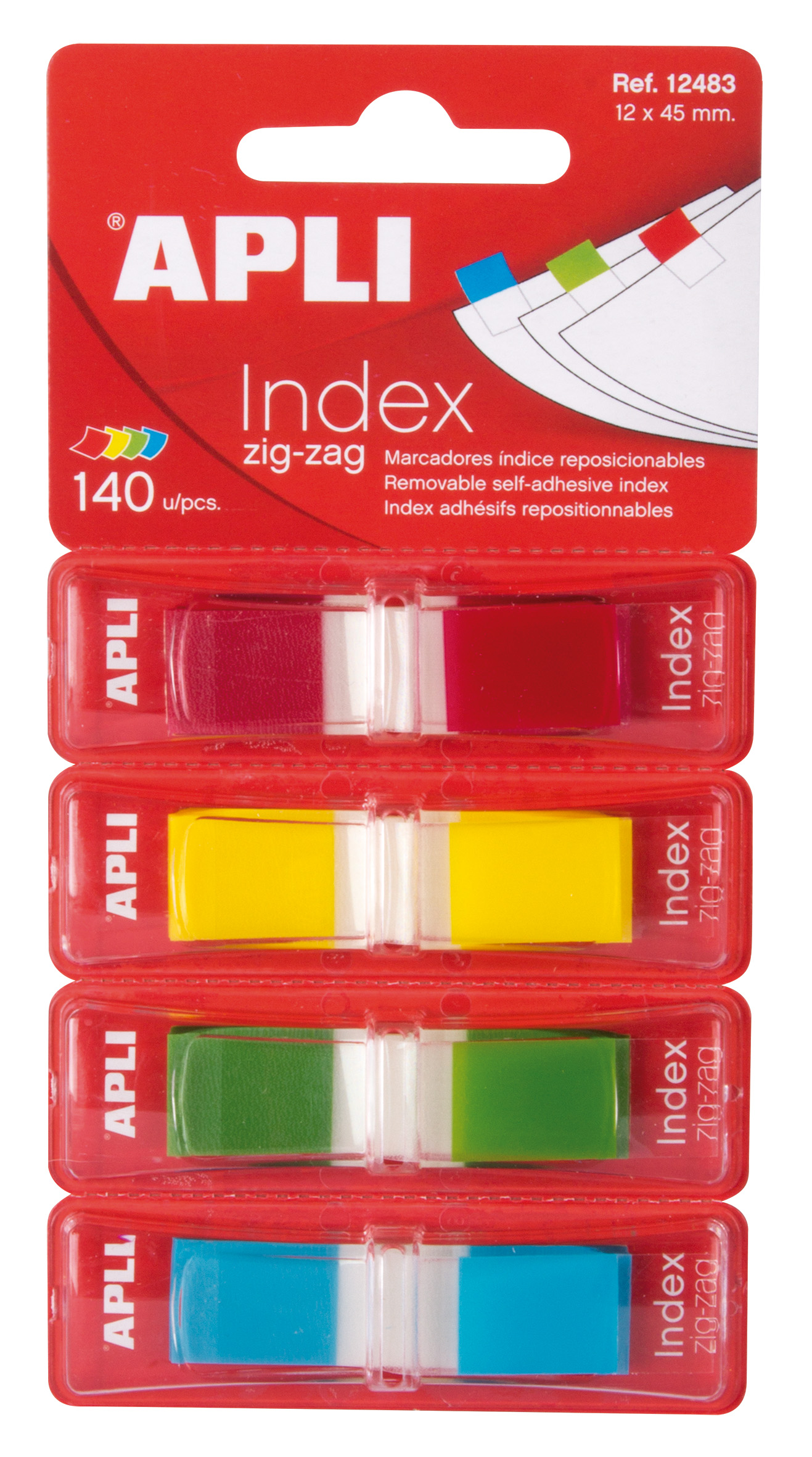Apli Indices Adhesivos Film Zigzag 45x12mm 4 Dispensadores de 35 Indices de 4 Colores - Faciles de Aplicar - Adhesivo de Calidad - Diseo Zigzag - Organiza Tus Documentos - Multicolor