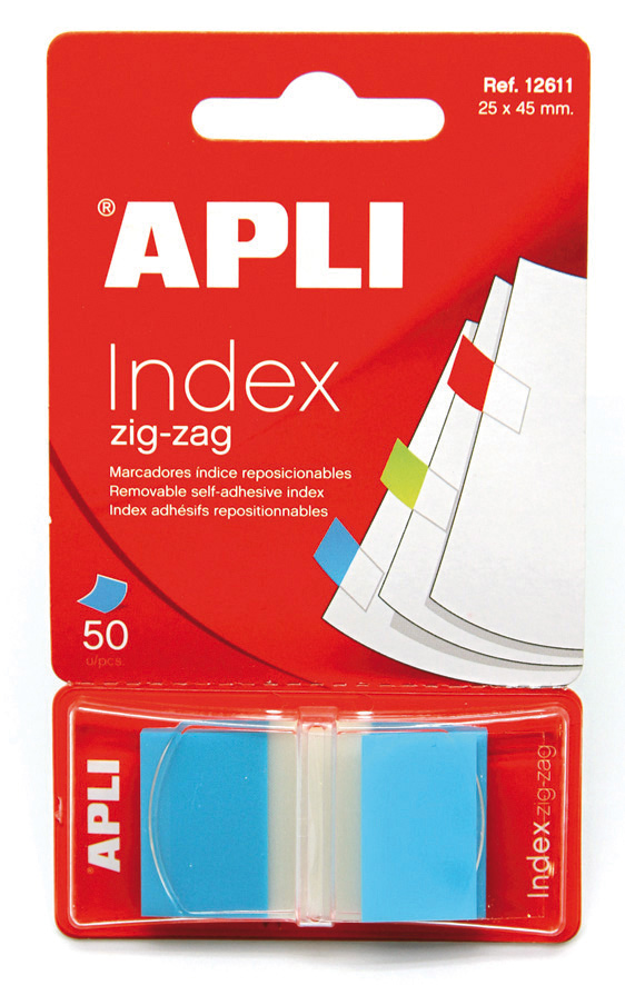 Apli Indices Adhesivos Film Zigzag 45x25mm Dispensador de 50 - Faciles de Aplicar - Diseo Zigzag - Adhesivo de Calidad - Azul
