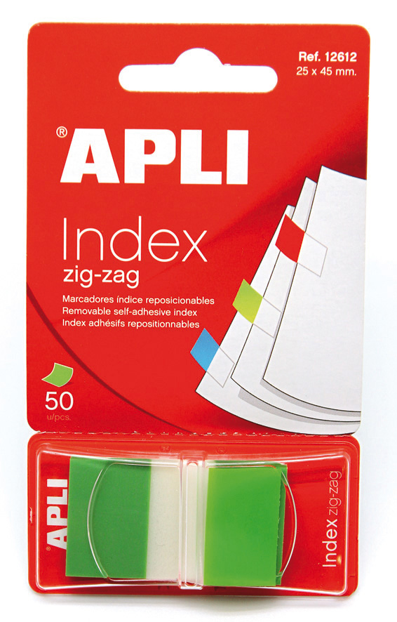 Apli Indices Adhesivos Film Zigzag 45x25mm - Dispensador de 50 Indices - Adhesivo de Calidad - Facil de Despegar - Diseo Zigzag - Verdes