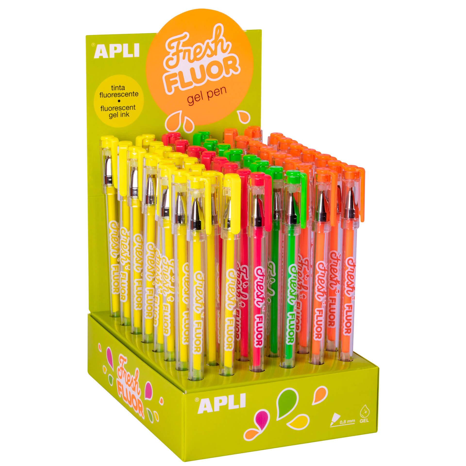 Apli Gel Pen Fresh Fluor - 48 Boligrafos de Tinta Gel Fluorescente - Secado Rapido y Larga Duracion - Grueso de Escritura de 1mm