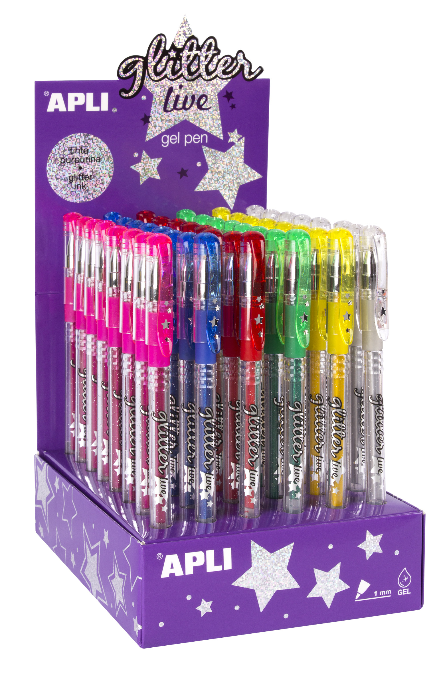 Apli Gel Pen Glitter Live - 48 Boligrafos de Tinta Gel con Purpurina - Resistentes, Secado Rapido y Larga Duracion - Grueso de Escritura de 1mm