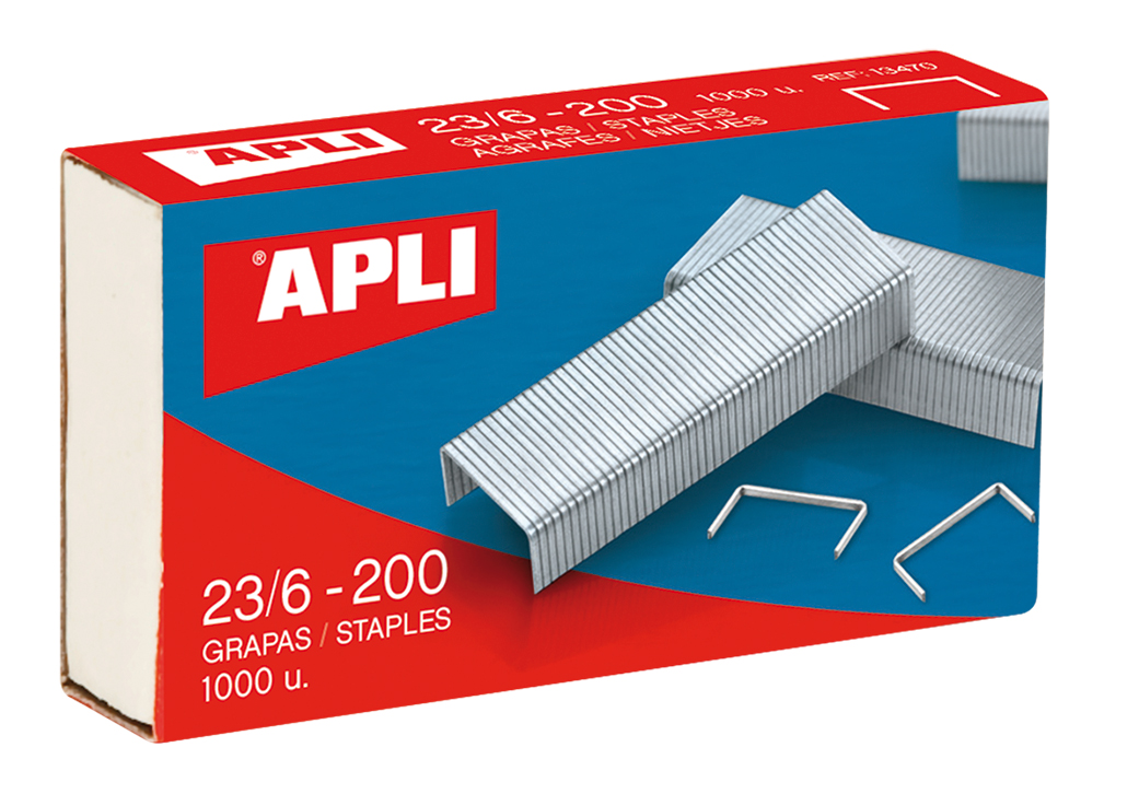 Apli Grapas Galvanizadas 23/6 - 200 - Acabado Plata Brillante - Diametro Ø 0.53mm - Extremos Afilados - Capacidad de Grapado de 20 Hojas - Caja de 1000 Grapas