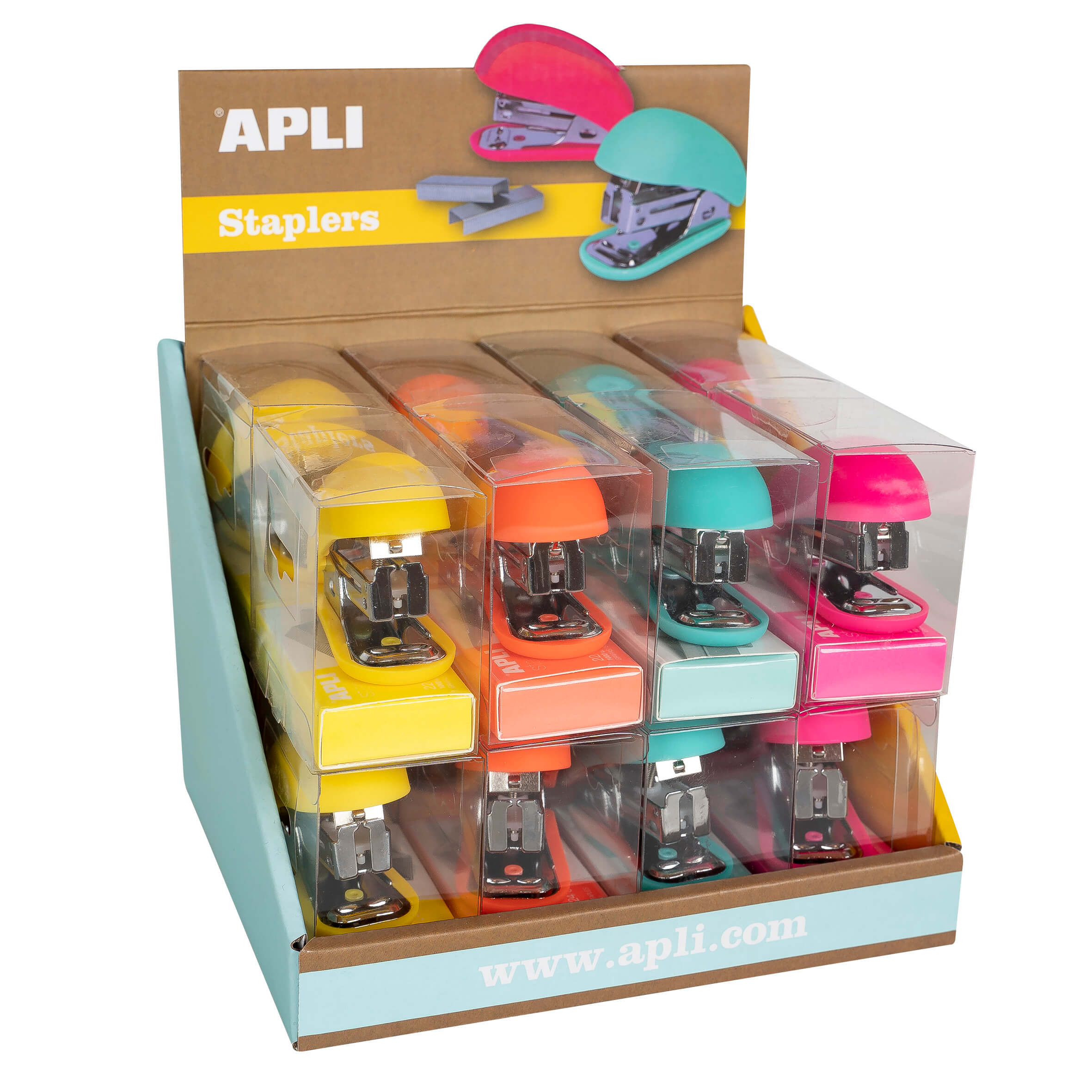 Apli Expositor de Grapadoras Fluor Collection - Tamao 63mm - 16 Unidades en 4 Colores Intensos - Incluye 1000 Grapas Plateadas por Grapadora