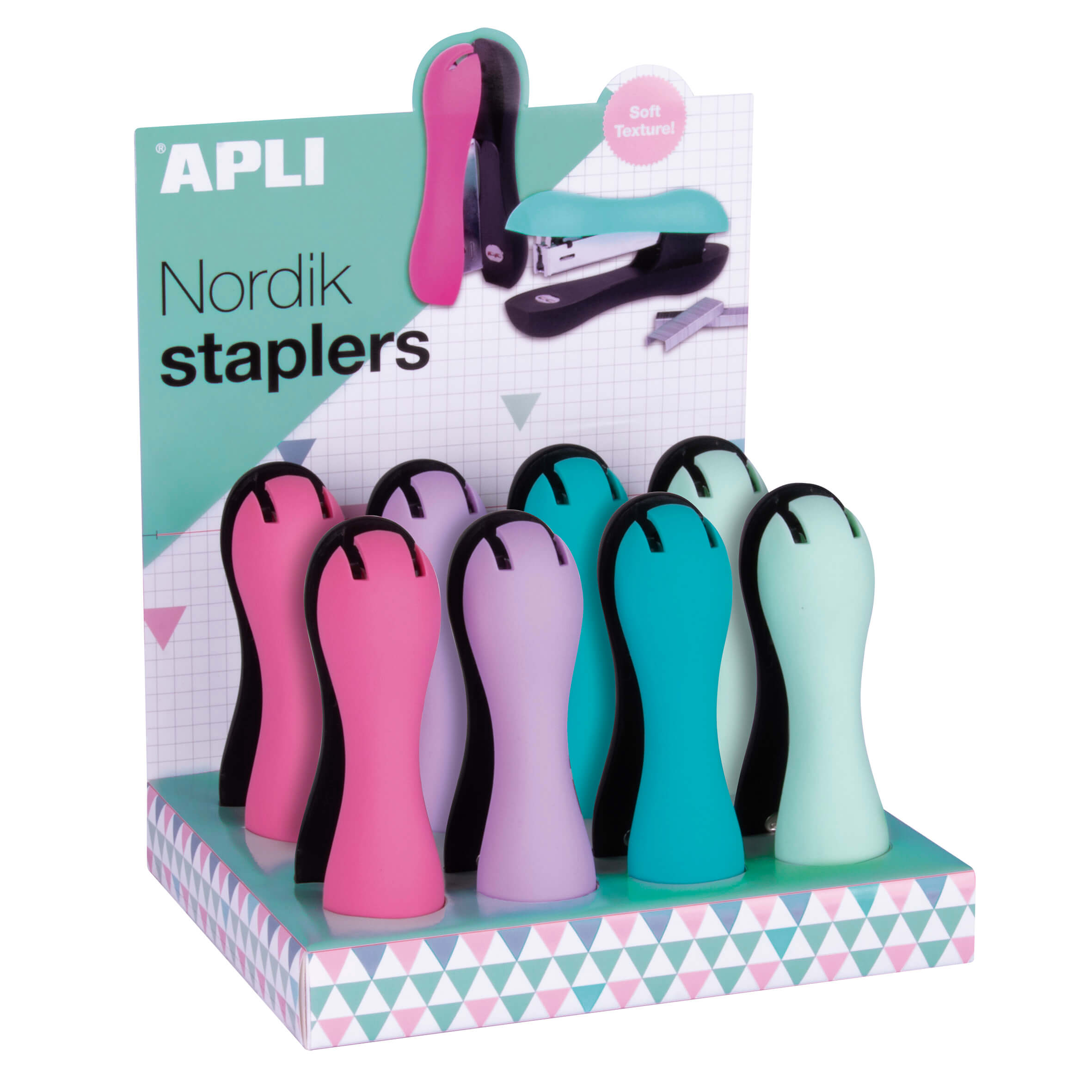Apli Nordik Collection Grapadora Ergonomica Soft - Grapas Nº22/6-24/6 - Capacidad de 40 Hojas - Horizontal/Vertical - Expositor 8 Unidades Colores Pastel