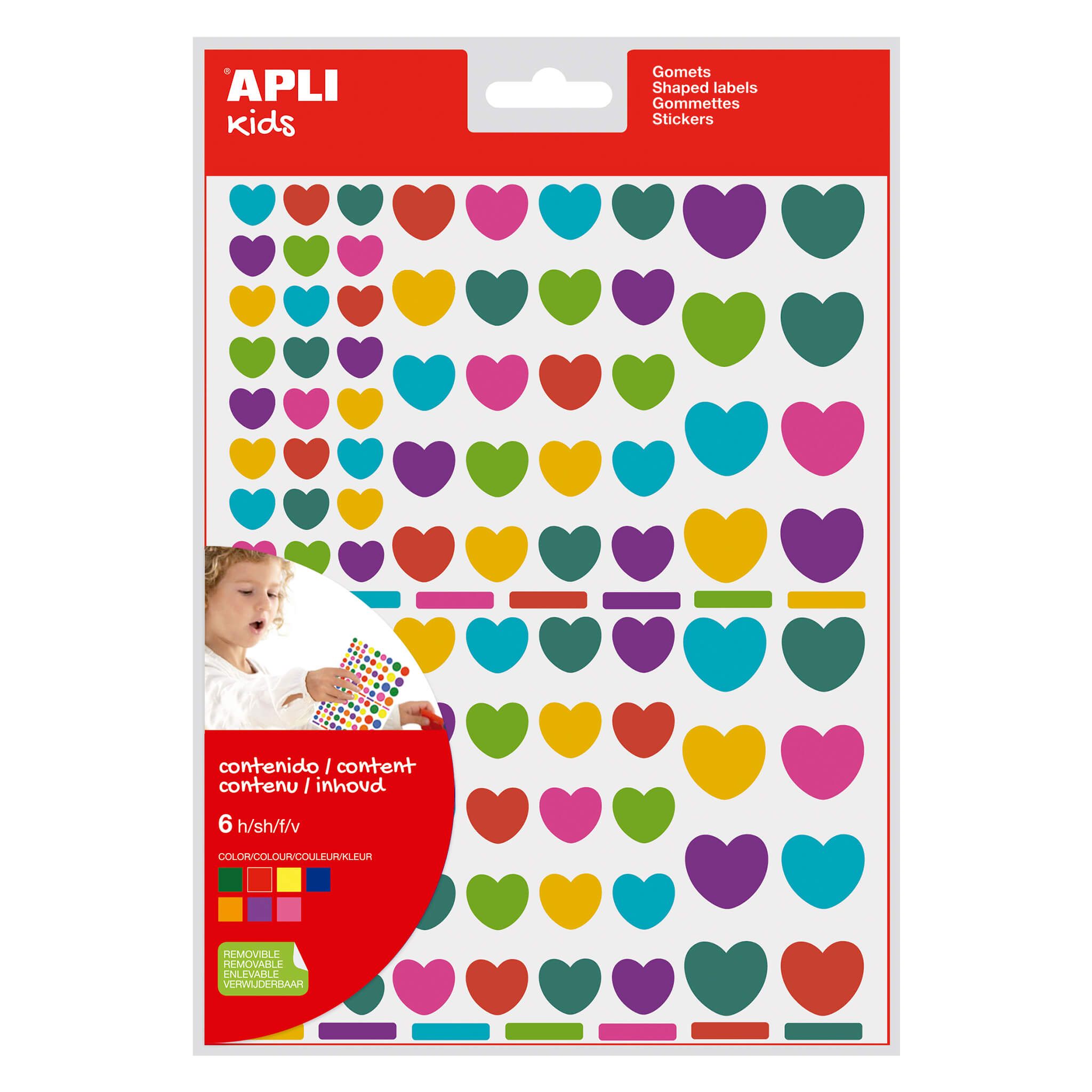 Apli Gomets Corazon Adhesivo Removible - Tres Tamaos Surtidos - 624 Gomets por Bolsa - Desarrollo de Habilidades y Creatividad - Normas de Calidad y Seguridad - Colores Colores