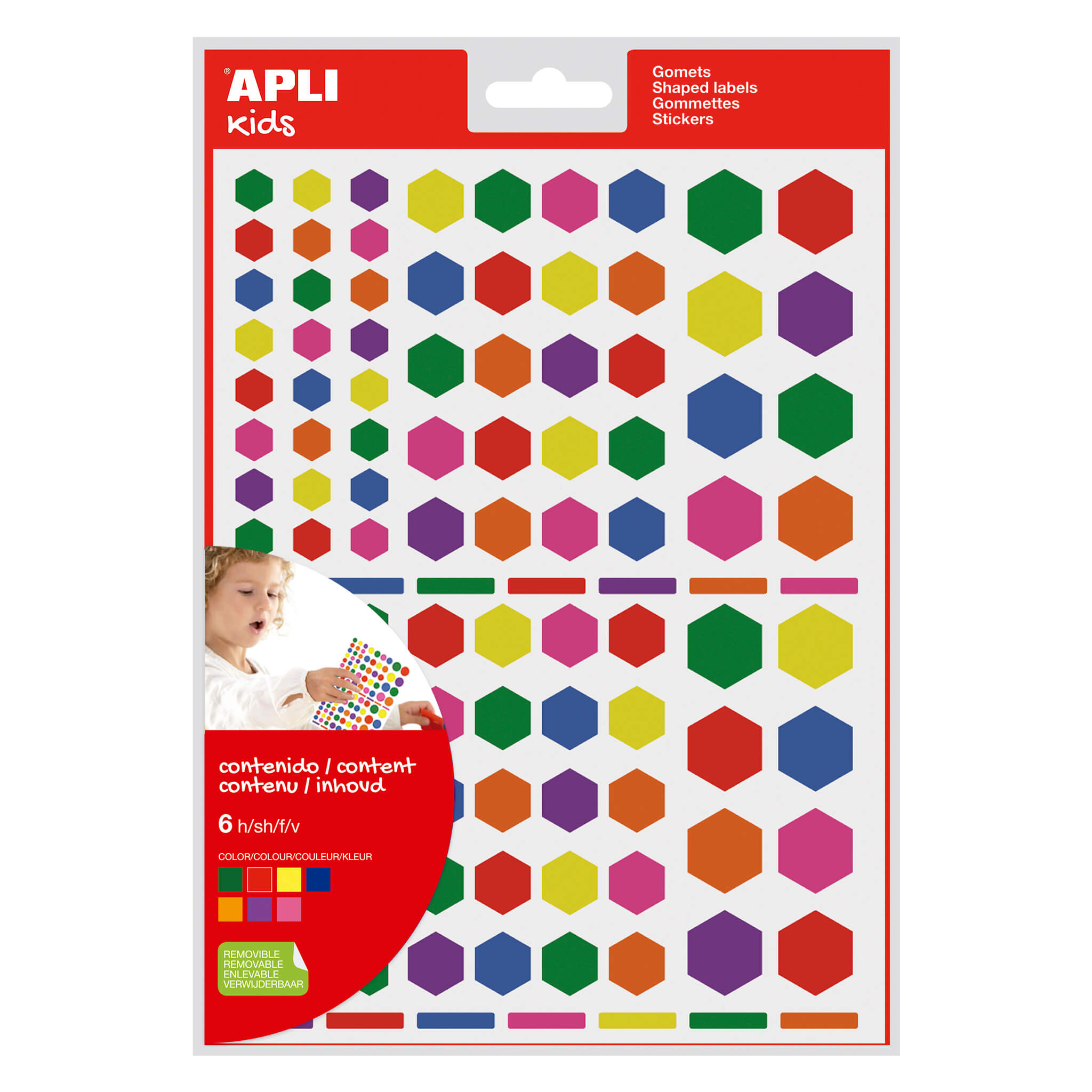 Apli Gomets Hexagonales Removibles - 3 Tamaos Surtidos - 624 Gomets por Bolsa - Desarrollo de Habilidades y Creatividad - Colores: Verde, Amarillo, Lila, Rojo, Naranja, Rosa y Azul