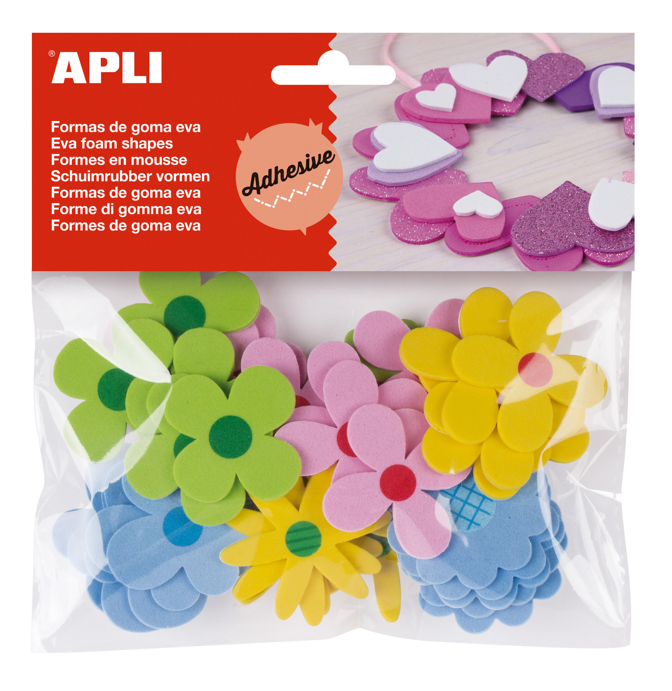 Apli Formas Goma Eva Adhesivas Flores Estampadas 40 U - Faciles de Pegar - Diseos Variados - Ideal para Manualidades
