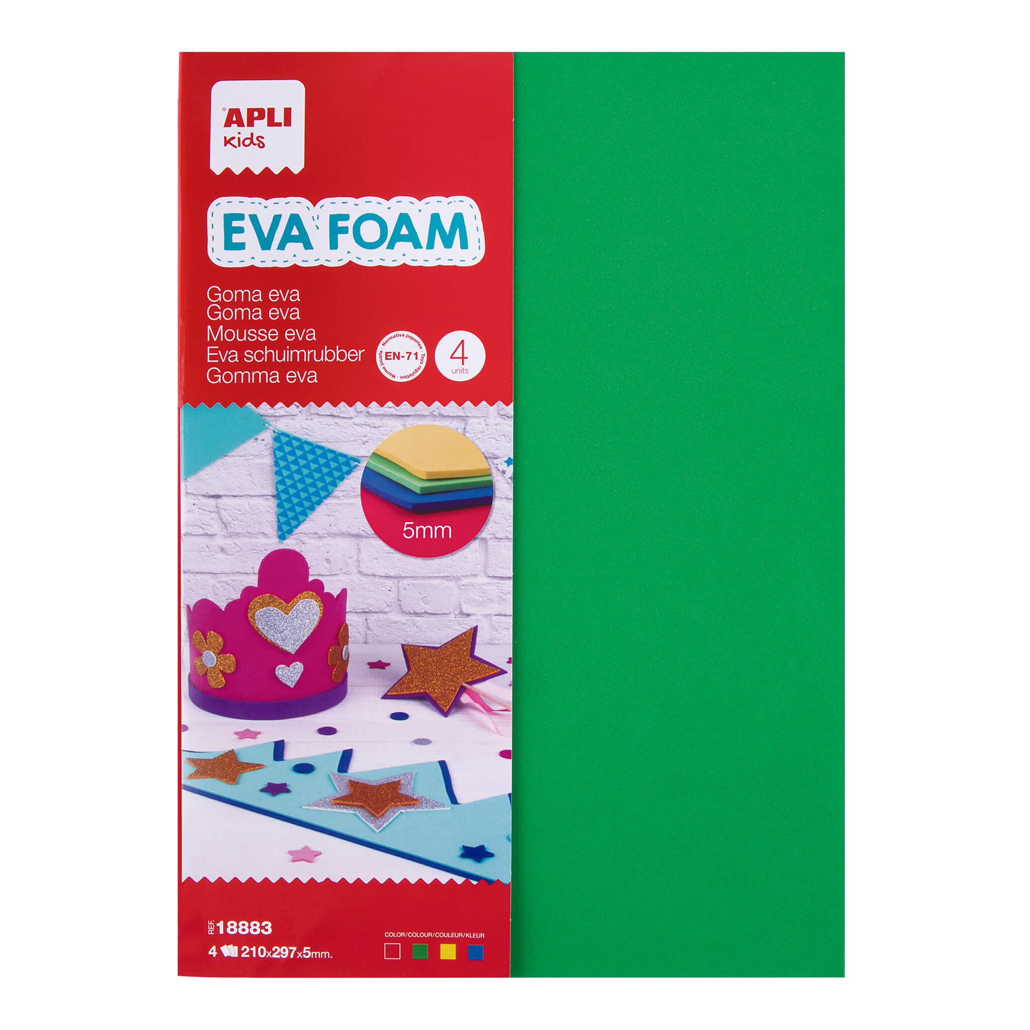 Apli Goma Eva Multicolor A4, 5mm - 4 Hojas Gruesas - Rojo, Amarillo, Verde y Azul