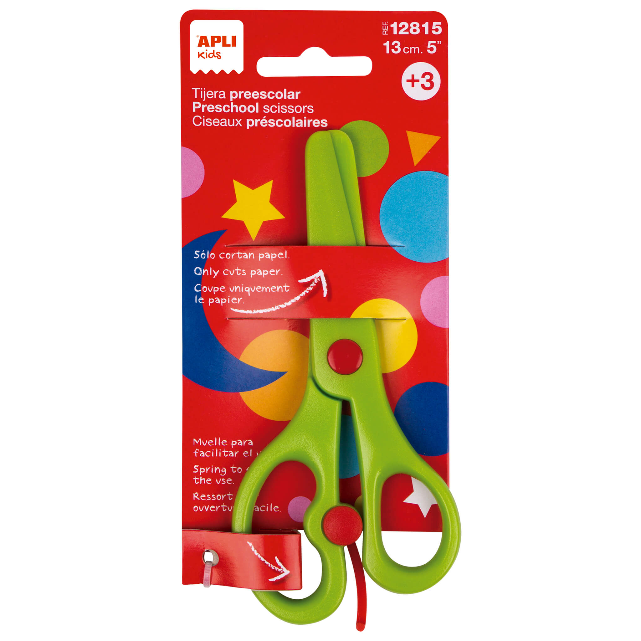 Apli Tijera Preescolar Ergonomica - Tamao 13cm - Muelle para Apertura Facil - Hojas de Plastico - Punta Redondeada - Ideal para Nios de 3+ - Color Verde