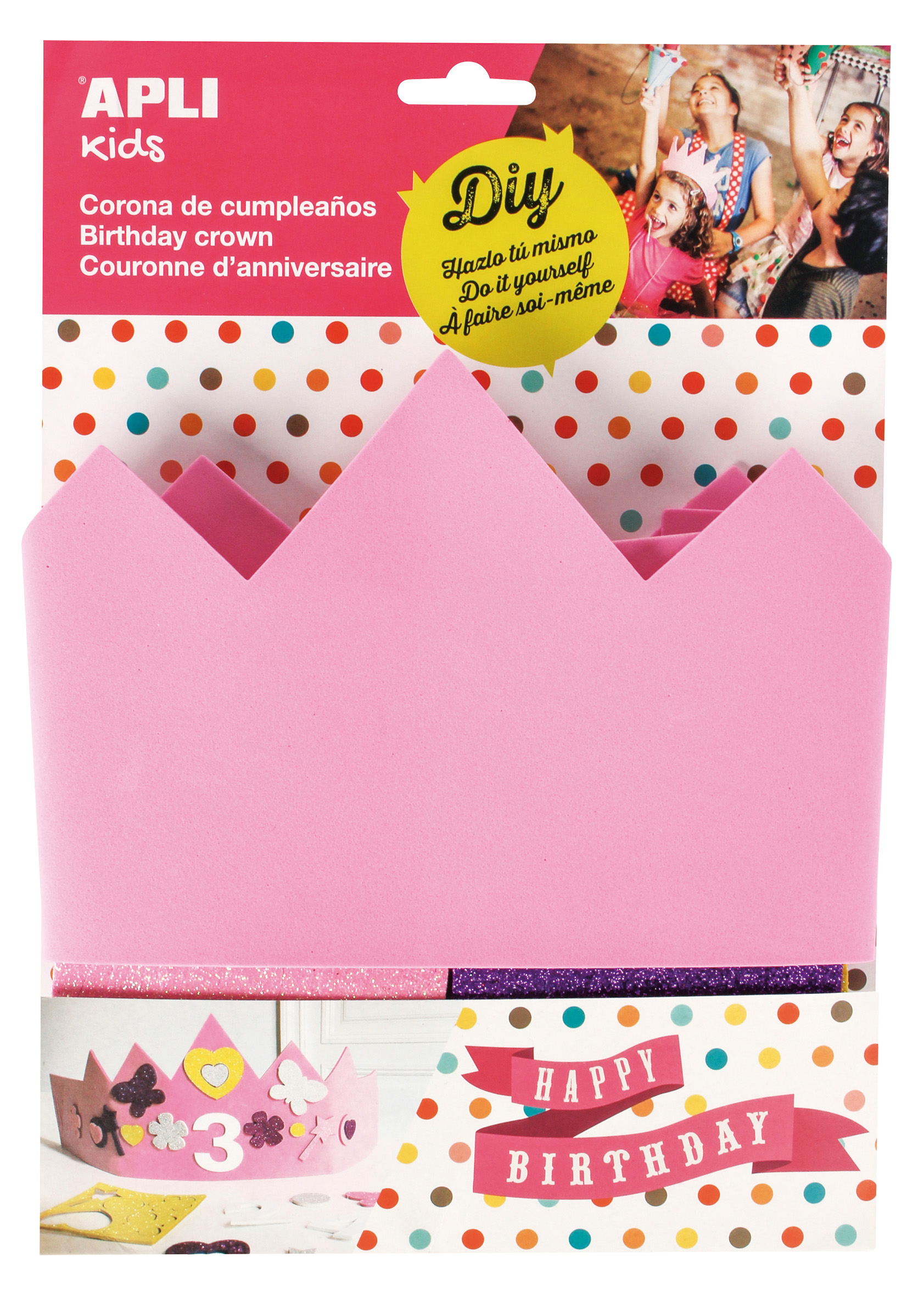 Apli Corona de Goma Eva Rosa con Accesorios - Ajustable a Diferentes Medidas - 10 Numeros Adhesivos - 24 Formas de Goma Eva Adhesiva con Purpurina - Color Rosa