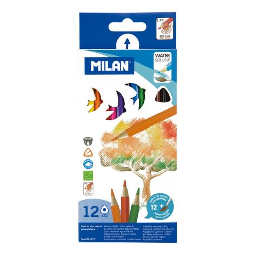 Milan Pack de 12 Lapices Triangulares de Colores Acuarelables + Pincel - Mina 2.9mm - Trazo Uniforme - Resistente a la Rotura - Madera de Bosques Sostenibles - Colores Surtidos