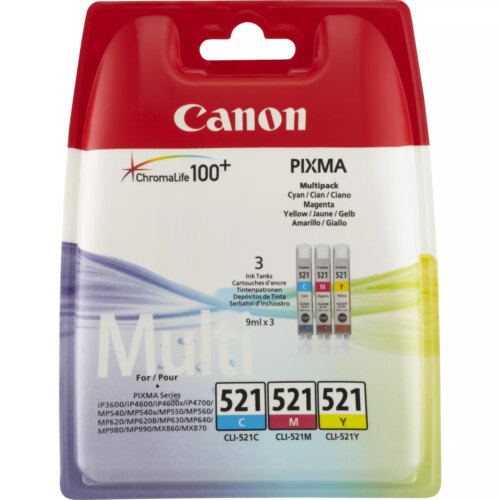 Canon CLI521 Pack de 3 Cartuchos de Tinta Originales - Cian, Magenta, Amarillo - 2934B010
