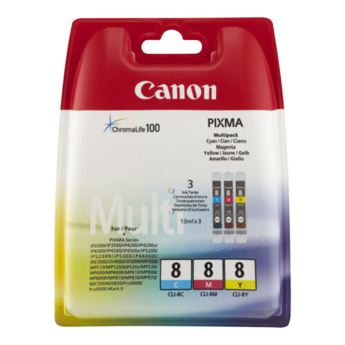 Canon CLI8 Pack de 3 Cartuchos de Tinta Originales - Cian, Magenta, Amarillo - 0621B029
