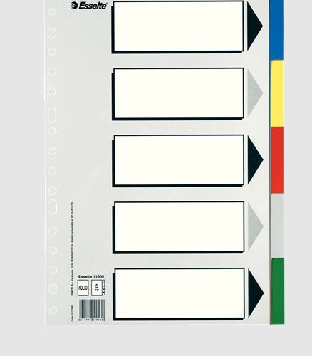 Esselte 613 Bolsa de 5 Separadores de Plastico - 5 Pestaas / 5 Colores - Multitaladro - Formato Folio