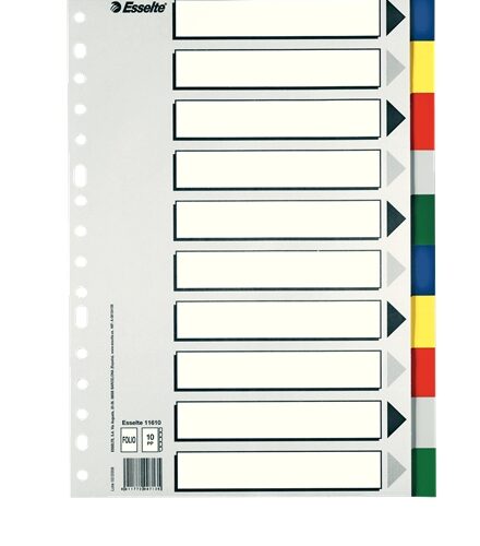 Esselte 713 Bolsa de 10 Separadores de Plastico - 10 Pestaas / 5 Colores - Multitaladro - Formato Folio