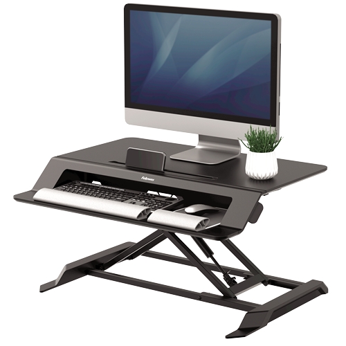 Fellowes Sit-Stand Lotus Estacin de Trabajo - Sistema de Muelle a Gas - Amplia Plataforma Superior - Plataforma Inferior para Raton y Teclado - Color Negro