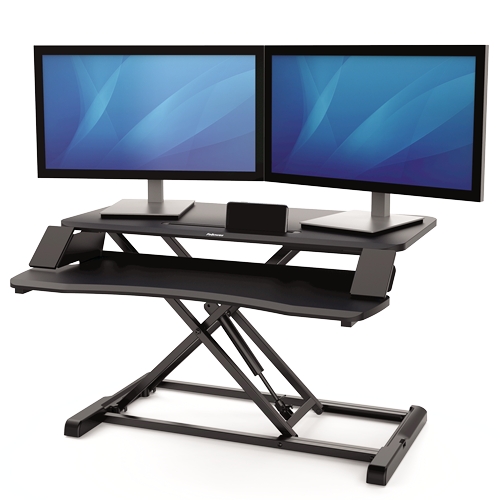Fellowes Sit-Stand Corsivo Estacin de Trabajo - Sistema de Muelle a Gas - Amplia Plataforma Superior - Plataforma Inferior para Raton y Teclado - Color Negro