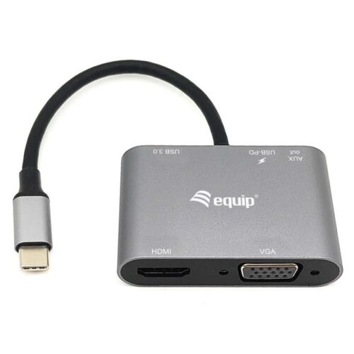 Equip 5 en 1 Adaptador Multifuncional USB-C con 1x USB-A 3.0, 1x USB-C PD, 1x HDMI, 1x RJ45, 1x AUX - Carcasa de Aluminio - Cable de 0.15m
