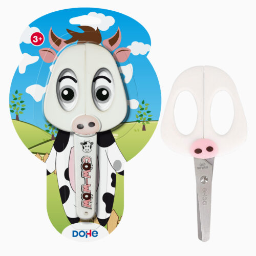 Dohe Tijera Escolar para Nios - Acero Inoxidable - Puntas Redondeadas - Funda para las Hojas - Diseo Vaca