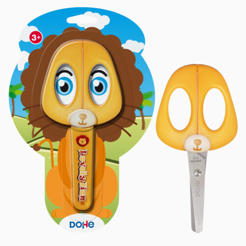 Dohe Tijera Escolar para Nios - Acero Inoxidable - Puntas Redondeadas - Funda para las Hojas - Diseo Leon