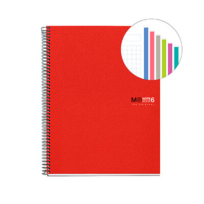 Miquel Rius Notebook6 Cuaderno de Espiral Formato A4 - 150 Hojas de 70gr Microperforadas con 2 Taladros - Cubiertas de Polipropileno - Cuadricula 5x5 - Color Rojo