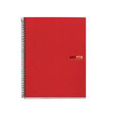 Miquel Rius Notebook6 Cuaderno de Espiral Formato A5 - 150 Hojas de 70gr Microperforadas con 2 Taladros - Cubiertas de Polipropileno - Cuadricula 5x5 - Color Rojo