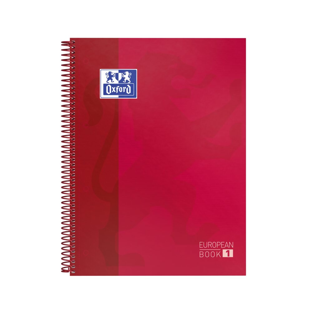 Oxford Europeanbook 1 Cuaderno Espiral Formato A4+ Cuadriculado 5x5mm - 80 Hojas - Banda de Color - Tapa Extradura Brillante - Color Rojo
