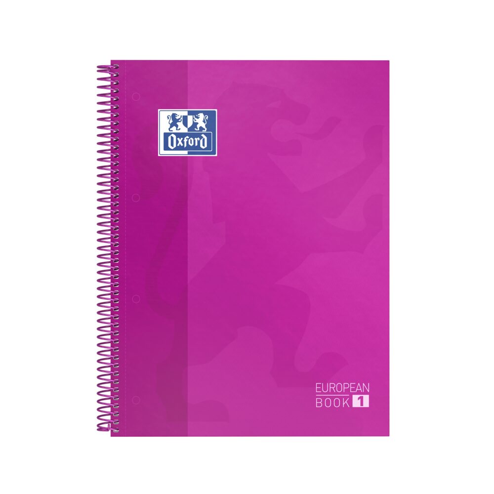 Oxford Europeanbook 1 Cuaderno Espiral Formato A4+ Cuadriculado 5x5mm - 80 Hojas - Banda de Color - Tapa Extradura Brillante - Color Fucsia
