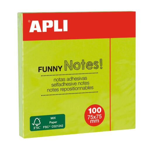 Apli Notas Adhesivas Funny 75x75mm - Bloc de 100 Hojas - Adhesivo de Calidad - Facil de Despegar - Color Verde Fluorescente