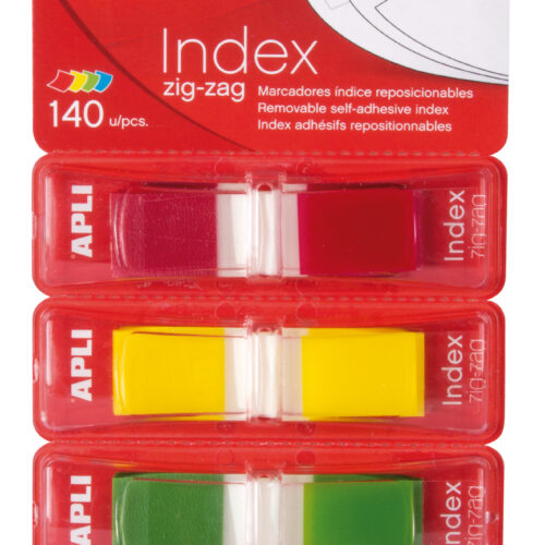 Apli Indices Adhesivos Film Zigzag 45x12mm 4 Dispensadores de 35 Indices de 4 Colores - Faciles de Aplicar - Adhesivo de Calidad - Diseo Zigzag - Organiza Tus Documentos - Multicolor