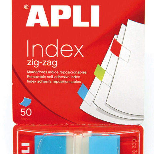 Apli Indices Adhesivos Film Zigzag 45x25mm Dispensador de 50 - Faciles de Aplicar - Diseo Zigzag - Adhesivo de Calidad - Azul