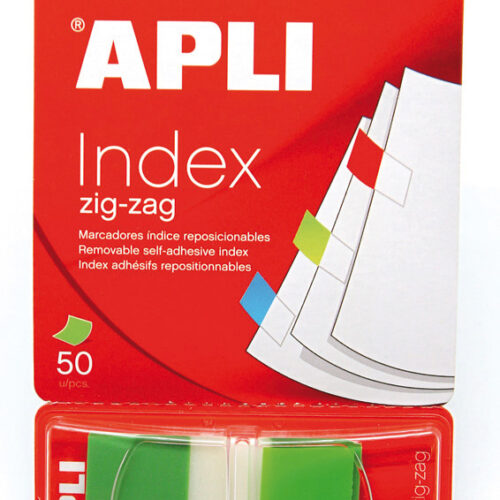 Apli Indices Adhesivos Film Zigzag 45x25mm - Dispensador de 50 Indices - Adhesivo de Calidad - Facil de Despegar - Diseo Zigzag - Verdes