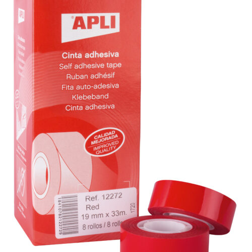 Apli Cinta Adhesiva Roja 19mm x 33m - Resistente al Desgarro - Facil de Cortar - Ideal para Manualidades y Embalaje - Rojo
