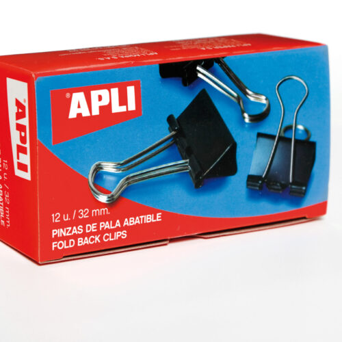 Apli Pinzas Abatibles 15x32mm - Clips de Acero Templado en Negro - Asas en Acabado Niquel - Caja con 12 Unidades - Sujecion Óptima Hasta 120 Hojas