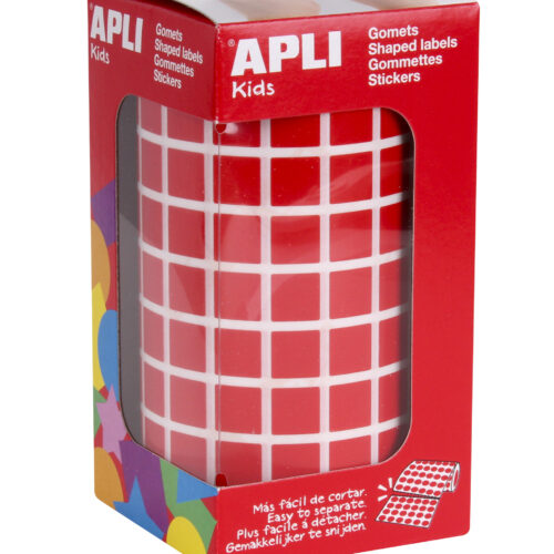 Apli Gomets Cuadrados Rojos - Tamao 10x10mm - 59 Hojas Pretroqueladas - 6372 Gomets por Rollo - Adhesivo Base Agua - Cumple Normas EN-71 y FSC