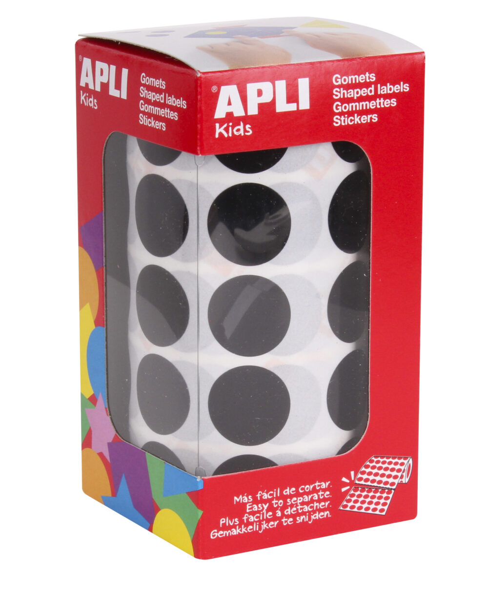 Apli Gomets Redondos Ø 20mm en Negro con Adhesivo Permanente - 59 Hojas Pretroqueladas - 1770 Gomets por Rollo - Desarrolla la Psicomotricidad Fina y Habilidades Educativas
