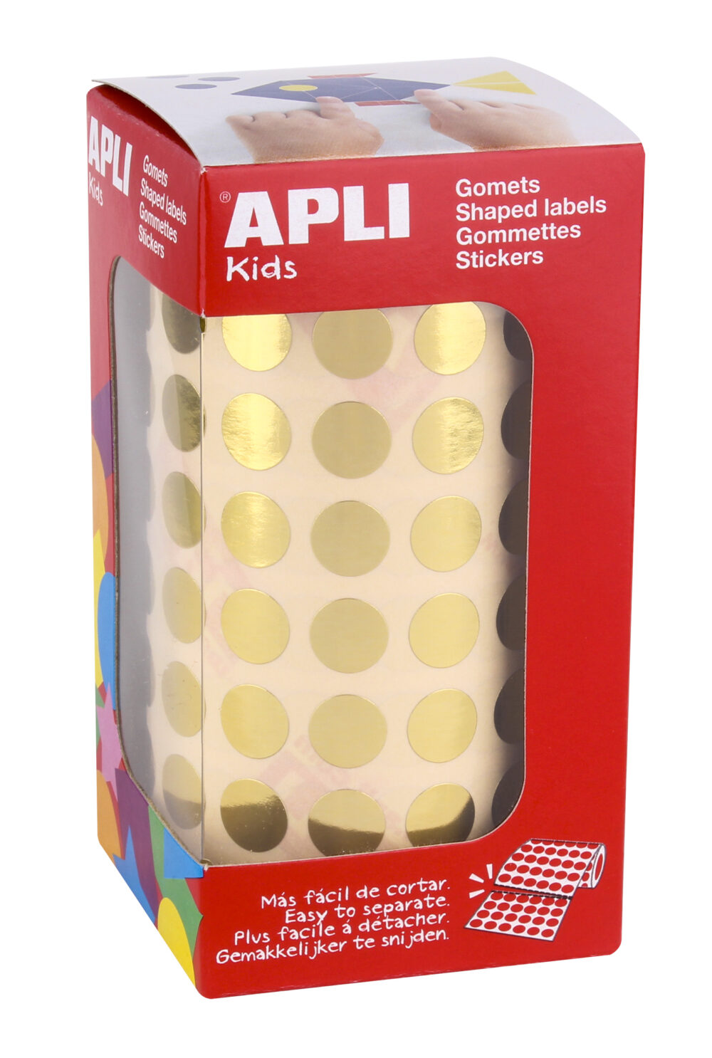 Apli Gomets Redondos de Ø 10.5mm en Oro Metalizado - 59 Hojas Pretroqueladas - 5192 Gomets por Rollo - Ideal para Actividades Infantiles - Cumple con Normas de Calidad y Seguridad