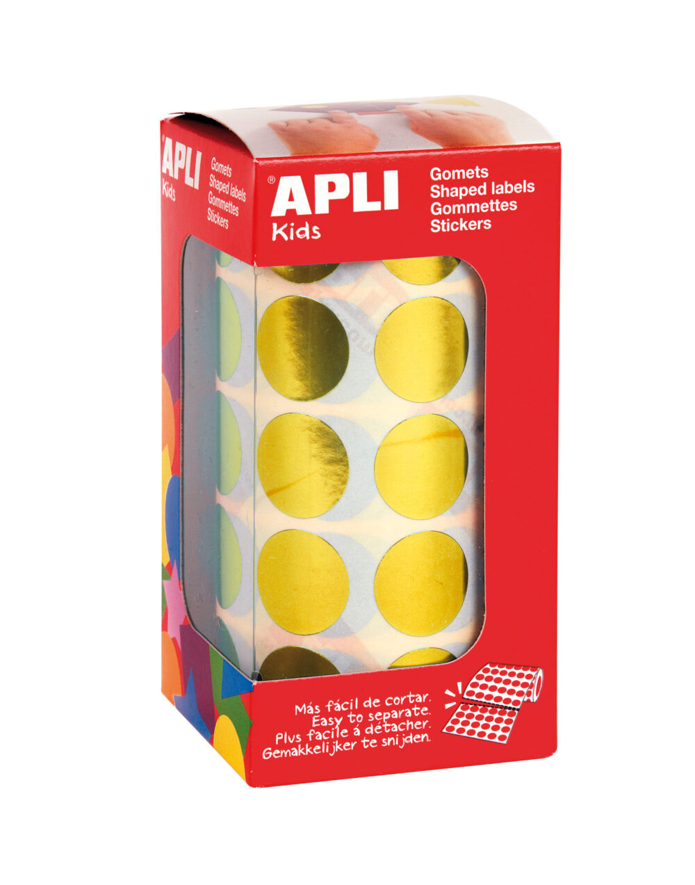 Apli Gomets Redondos Amarillo Metalizado Ø 20mm - 59 Hojas Pretroqueladas - 1770 Gomets por Rollo - Adhesivo Base Agua - Normas EN-71 y Cadena de Custodia FSC