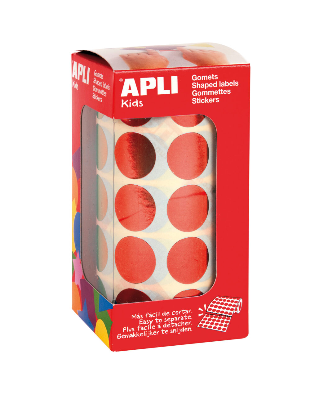 Apli Gomets Redondos Ø 20mm Rojo Metalizado - 59 Hojas Pretroqueladas - 1770 Gomets por Rollo - Ideal para Actividades Creativas con Nios - Normas EN-71 y FSC - Adhesivo Base Agua - Materiales 100% Reciclables