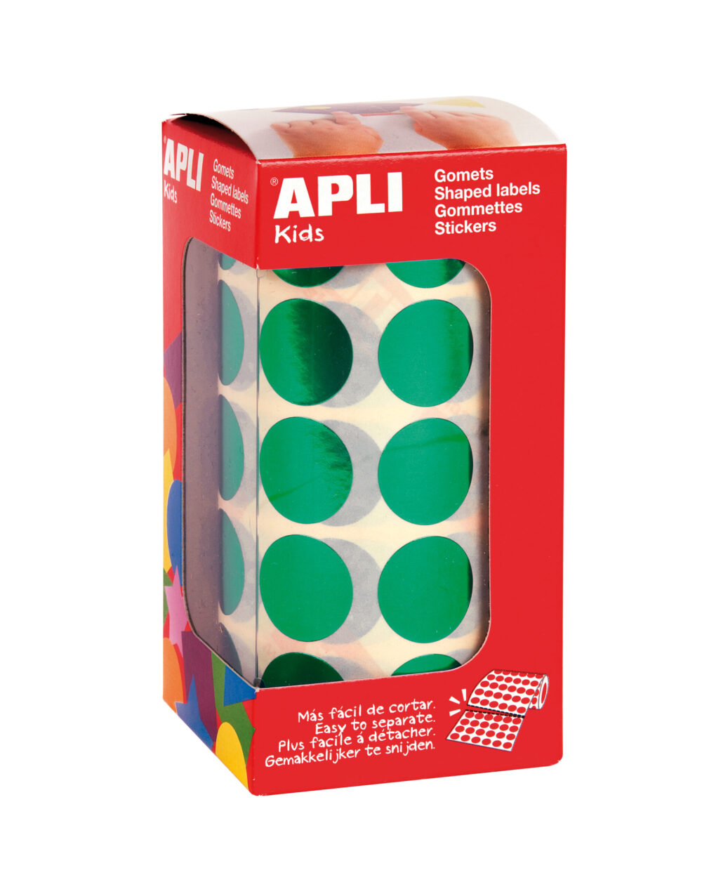 Apli Gomets Redondos Ø 20mm Verde Metalizado - 59 Hojas Pretroqueladas - Adhesivo Permanente - Normas EN-71 y FSC - Adhesivo Base Agua - Materiales Reciclables