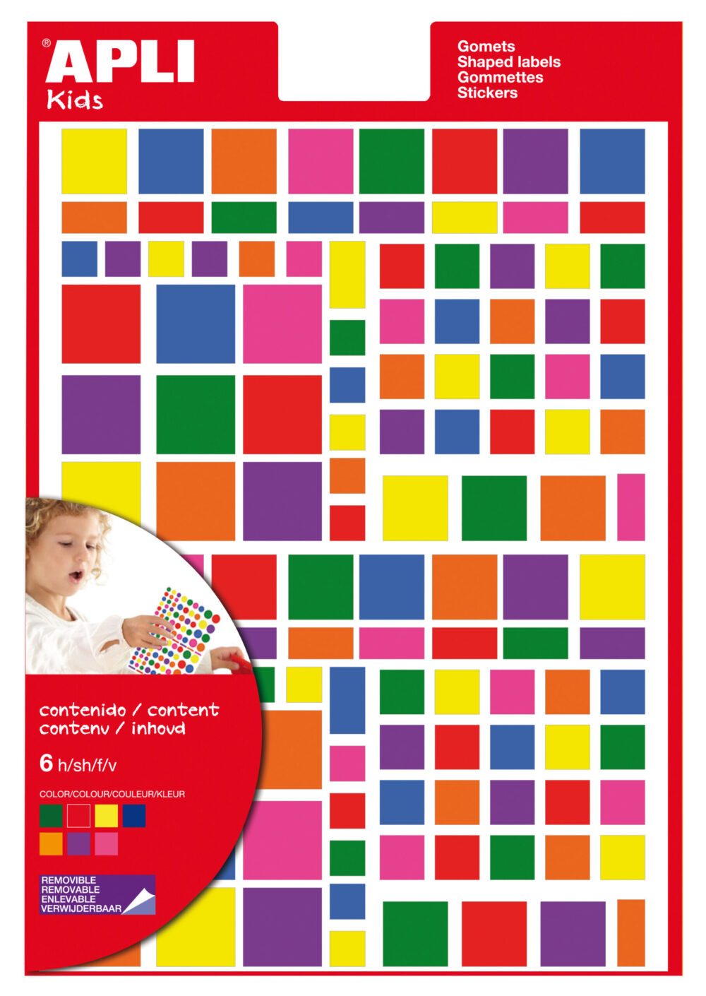 Apli Gomets Cuadrados Adhesivo Removible - Tamaos Surtidos - 732 Gomets por Bolsa - Desarrollo de Habilidades y Creatividad - Normas de Calidad y Seguridad - Colores Variados
