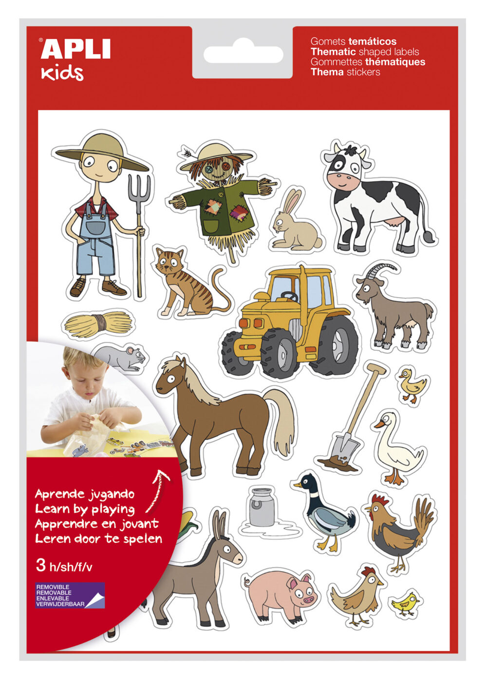 Apli Gomets Tematicos la Granja - 69 Gomets en 3 Hojas - Ilustraciones Educativas de Animales y Objetos de la Granja - Adhesivo Removible - Adhesivo Base Agua - Libre de Disolventes - Colorido