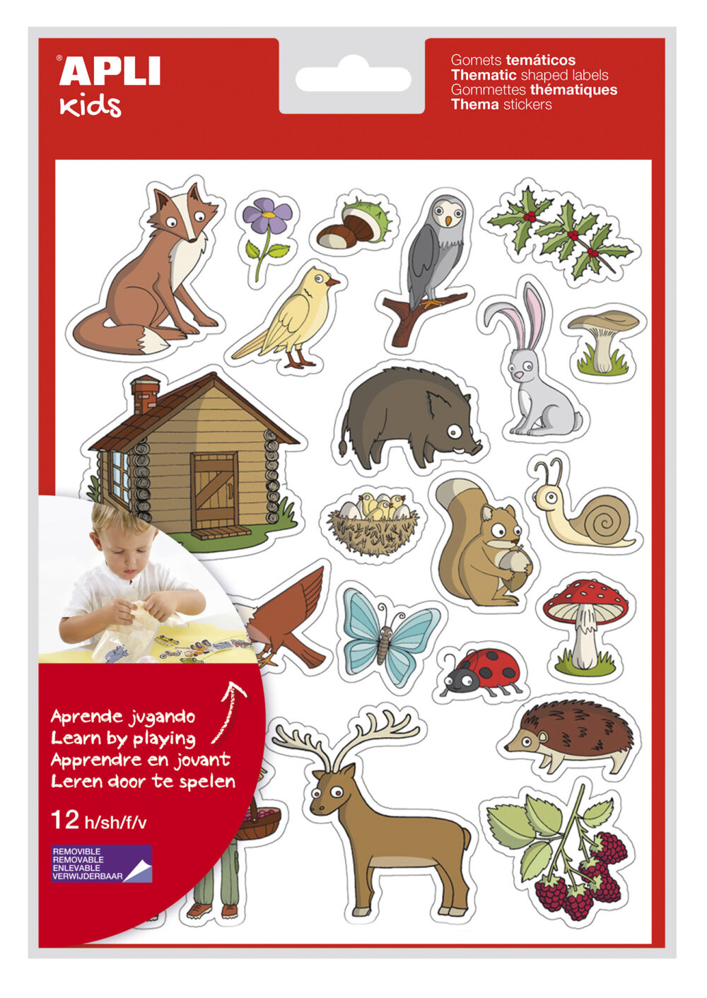 Apli Bolsa de Gomets Tematicos el Bosque - 276 Gomets en 12 Hojas - Adhesivo Removible - Ideal para Escuelas - Libre de Disolventes - Reciclable - Tematica de Animales y Objetos del Bosque Colorido