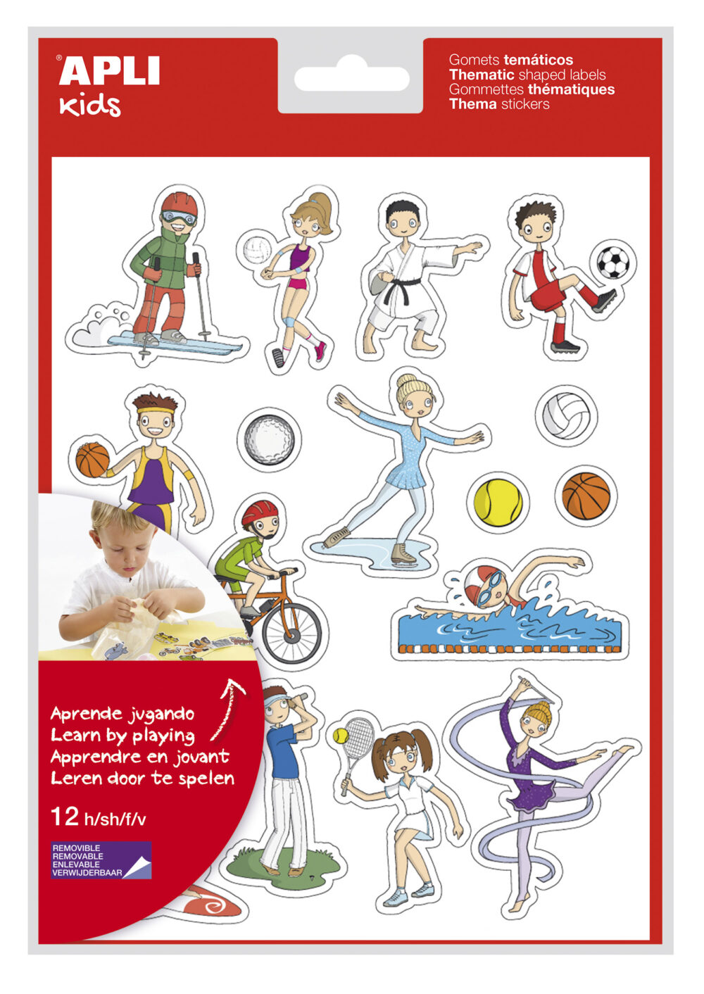 Apli Bolsa de Gomets Tematicos Deportes - 204 Gomets en 12 Hojas - Ilustraciones Divertidas para Enriquecer Vocabulario y Habilidades Motoras - Adhesivo Removible - Adhesivo Base Agua - Libre de Disolventes - Colorido
