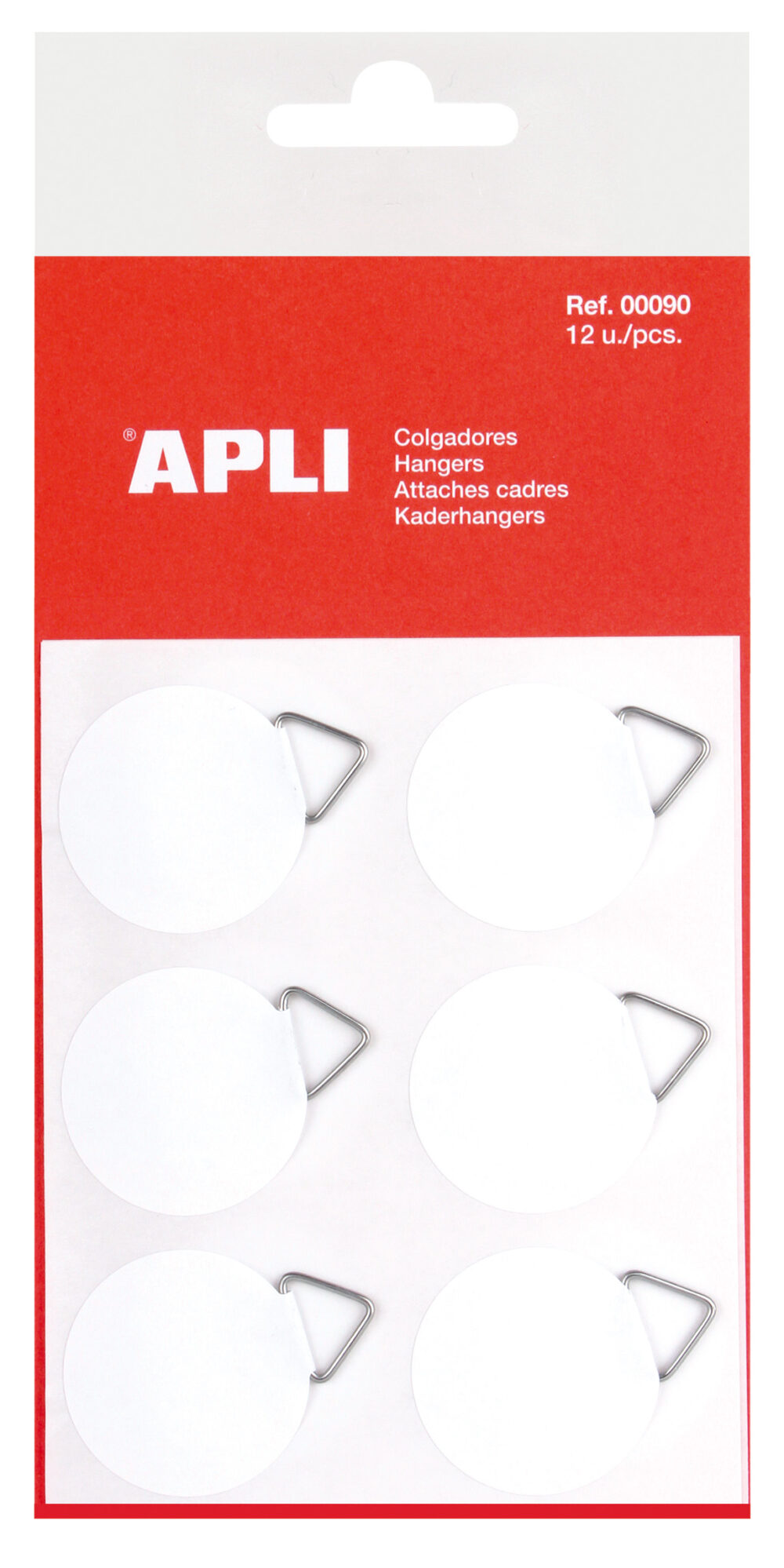 Apli Colgadores Autoadhesivos Redondos - Ø 30mm - Triangulo Metalico de Soporte - Base Adhesiva Blanca - 12 Unidades por Bolsa - Gran Resistencia - Ideal para Fotos, Calendarios y Posteres - Color Blanco