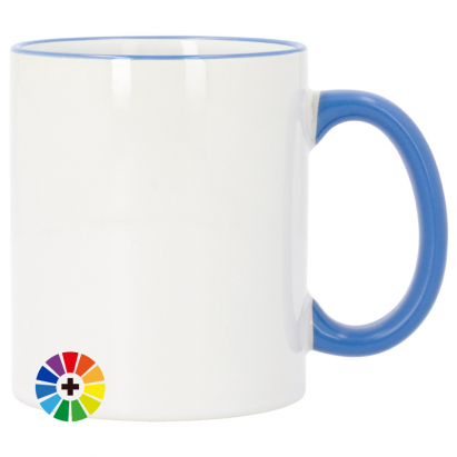 Taza cerámica blanca con asa y borde rosa o azul